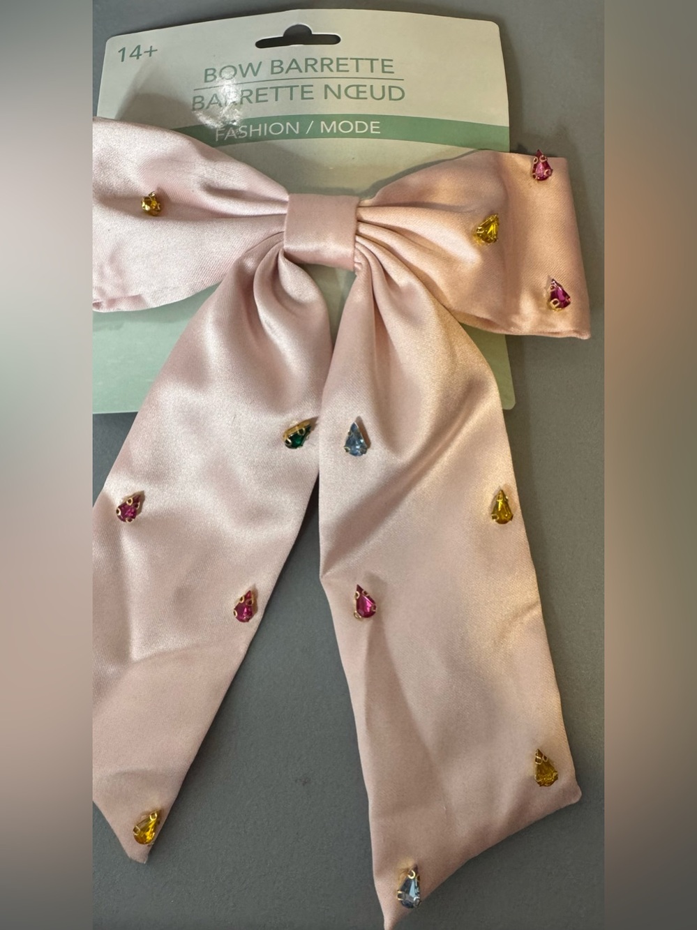 Pastel pink satin Bow Barrette Hair Clip with Gem rhinestone Accents girly